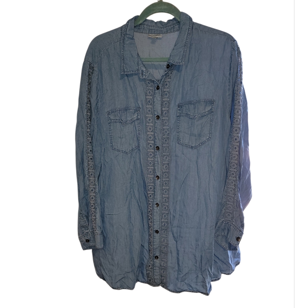Avenue Blue Button Down Shirt 100% Tencel Plus Size 26/28 Lace Accents